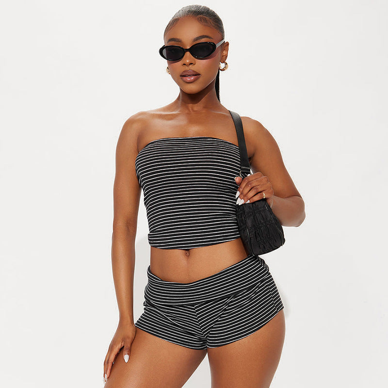 DZHT D26ST116 striped tube top turn waist folding shorts two-piece suit