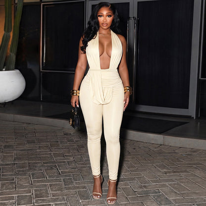 DZHT D26JP219 halter deep V-neck slim-fit hot girl swing collar backless Siamese trousers