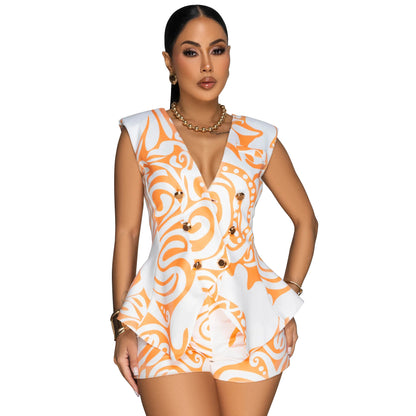 MYF (S-2XL) 20209 printed V-neck sleeveless suit short casual two-piece suit