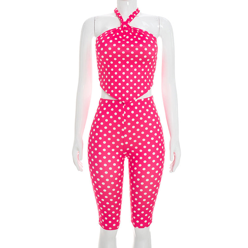 DZHT Q26ST092 halter strap backless underwaist skinny knee length pants polka dot printing suit