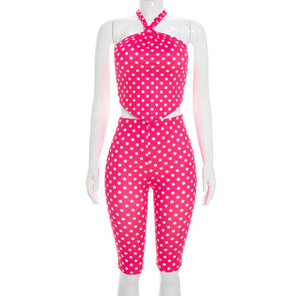 DZHT Q26ST092 halter strap backless underwaist skinny knee length pants polka dot printing suit