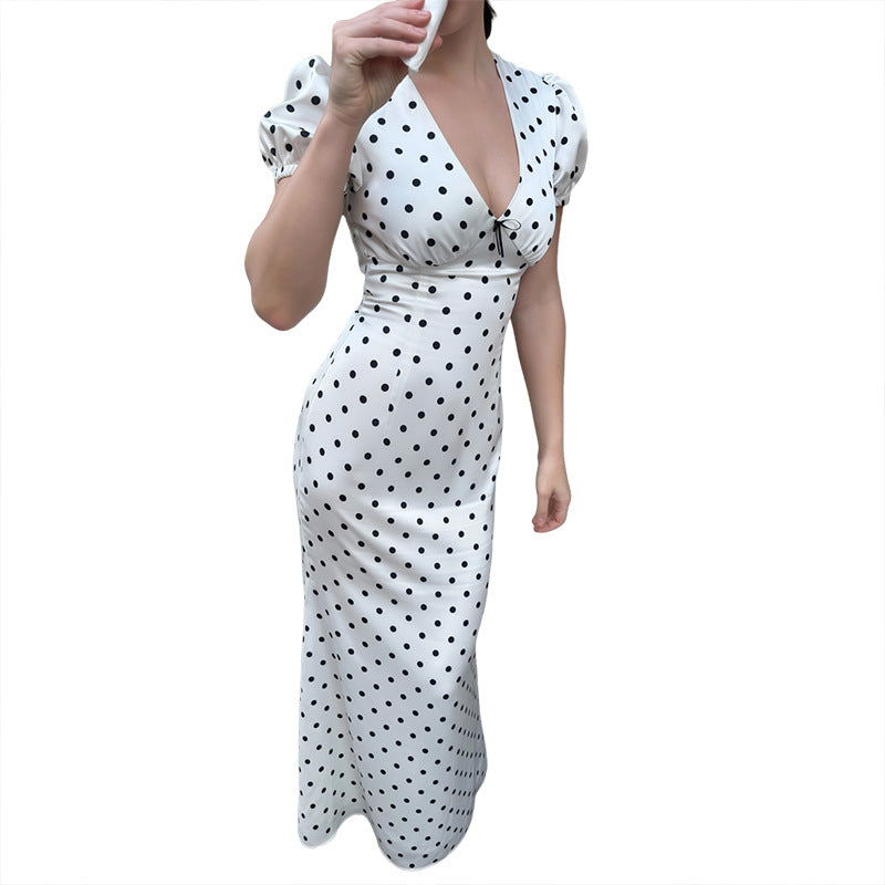 SXR K6D08600A summer puff sleeve V-neck Bow polka dot dress