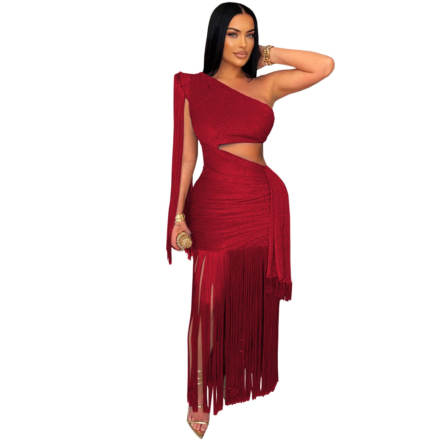 XYZ C7428 casual shoulder tassel maxi dress