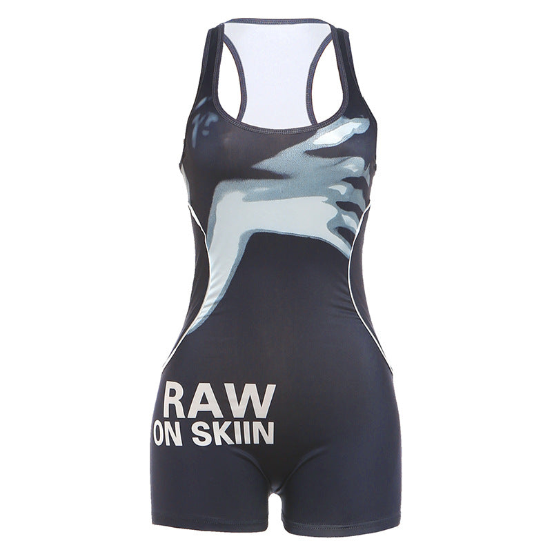 SXR K6Q11886A printed big U-neck slim shorts jumpsuit