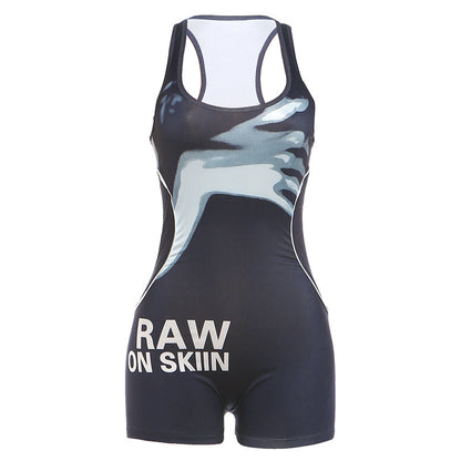 SXR K6Q11886A printed big U-neck slim shorts jumpsuit