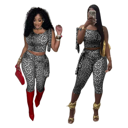 MZ (S-2XL) leopard print MZ88617 stretch lace-up cropped pants suit