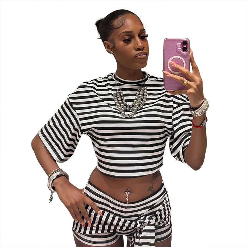 SXR K6S13039A summer navel T-shirt ribbon shorts striped suit