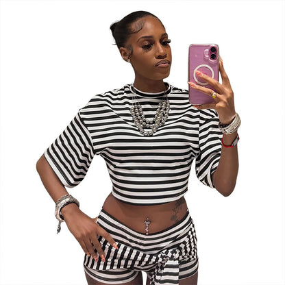 SXR K6S13039A summer navel T-shirt ribbon shorts striped suit