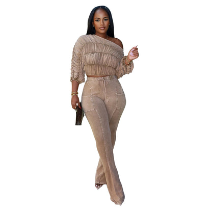 XYZ C7568 casual shoulder long sleeve top and trousers two-piece set