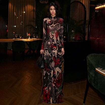 DLS half-high collar long sleeves animal pattern high slit long shirt