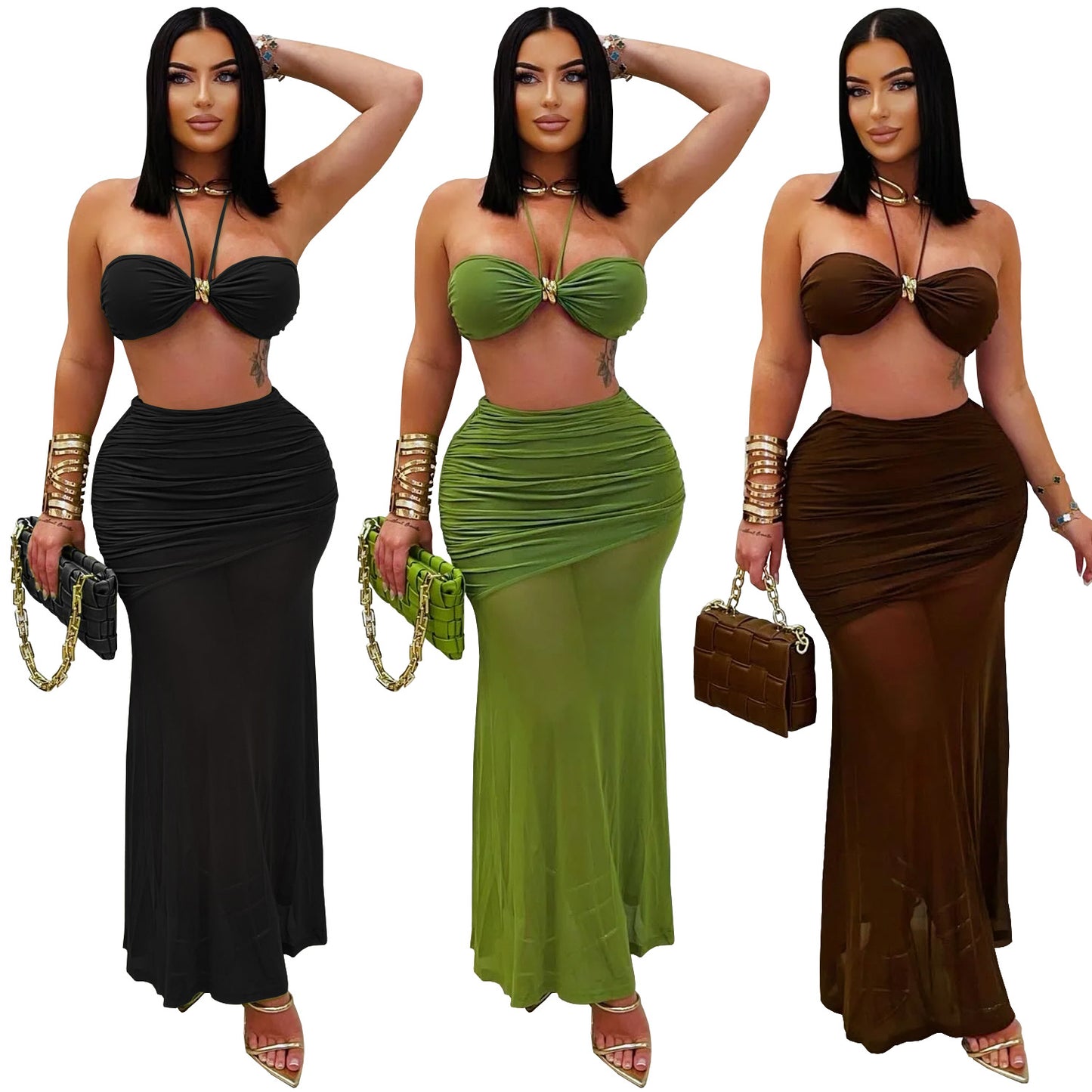 XYZ C7456 tube top arm covering pleated mesh long dress