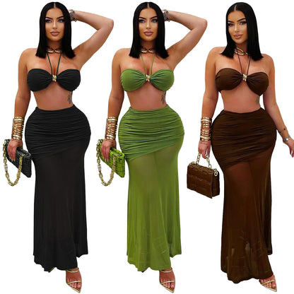 XYZ C7456 tube top arm covering pleated mesh long dress