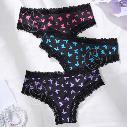 Lace edge stitching Ice Silk thin quick-drying butterfly printing large size low waist classic briefs