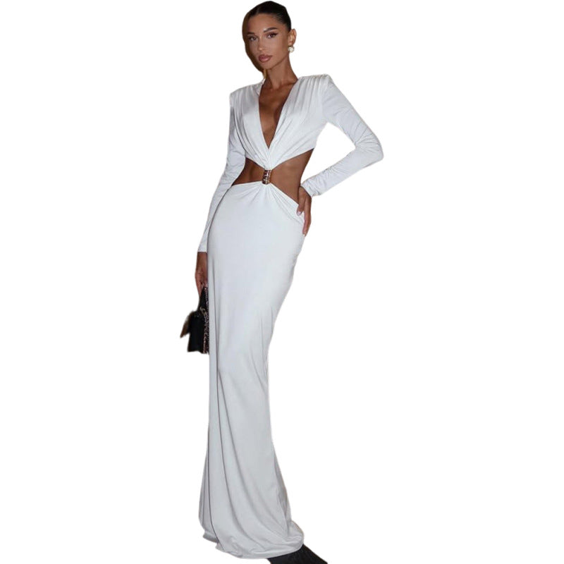 SXR autumn fashion midriff outfit V-neck long sleeve narrow dress