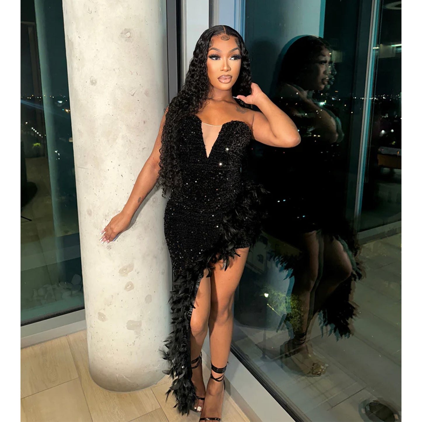 XYZ C6713 tube top backless sequined feather dress