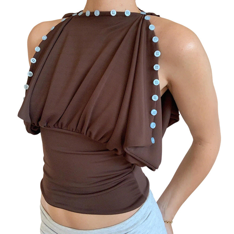 SXR 2026 spring collar decorated with buttons one-piece clothes wear sexy waist trimming more Tops