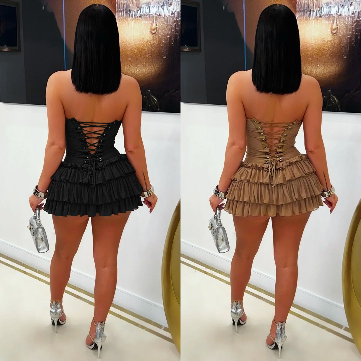 XYZ C7569 tube top lace-up ruffled jumpsuit skirt