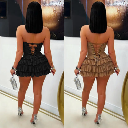 XYZ C7569 tube top lace-up ruffled jumpsuit skirt