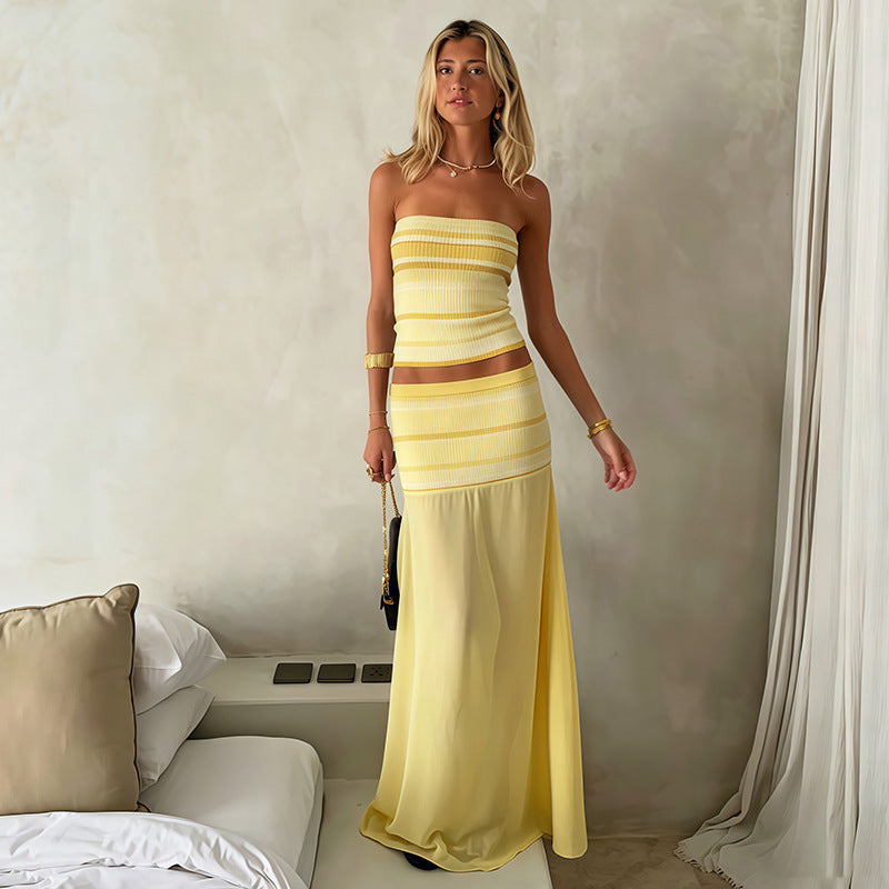 SXR K6S04260A striped tube top vest mesh semi see-through long skirt suit