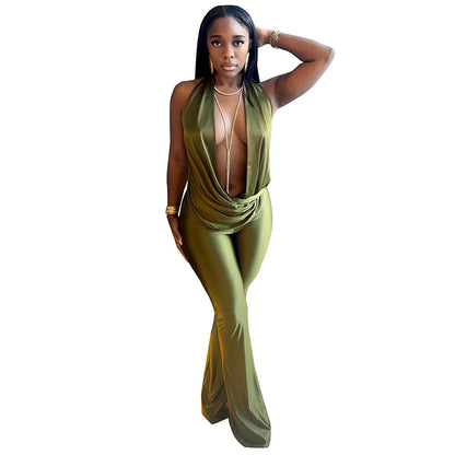 DZHT D25JP554 fashion hollowed-out fake two-piece halter swing collar bare back one-piece trousers
