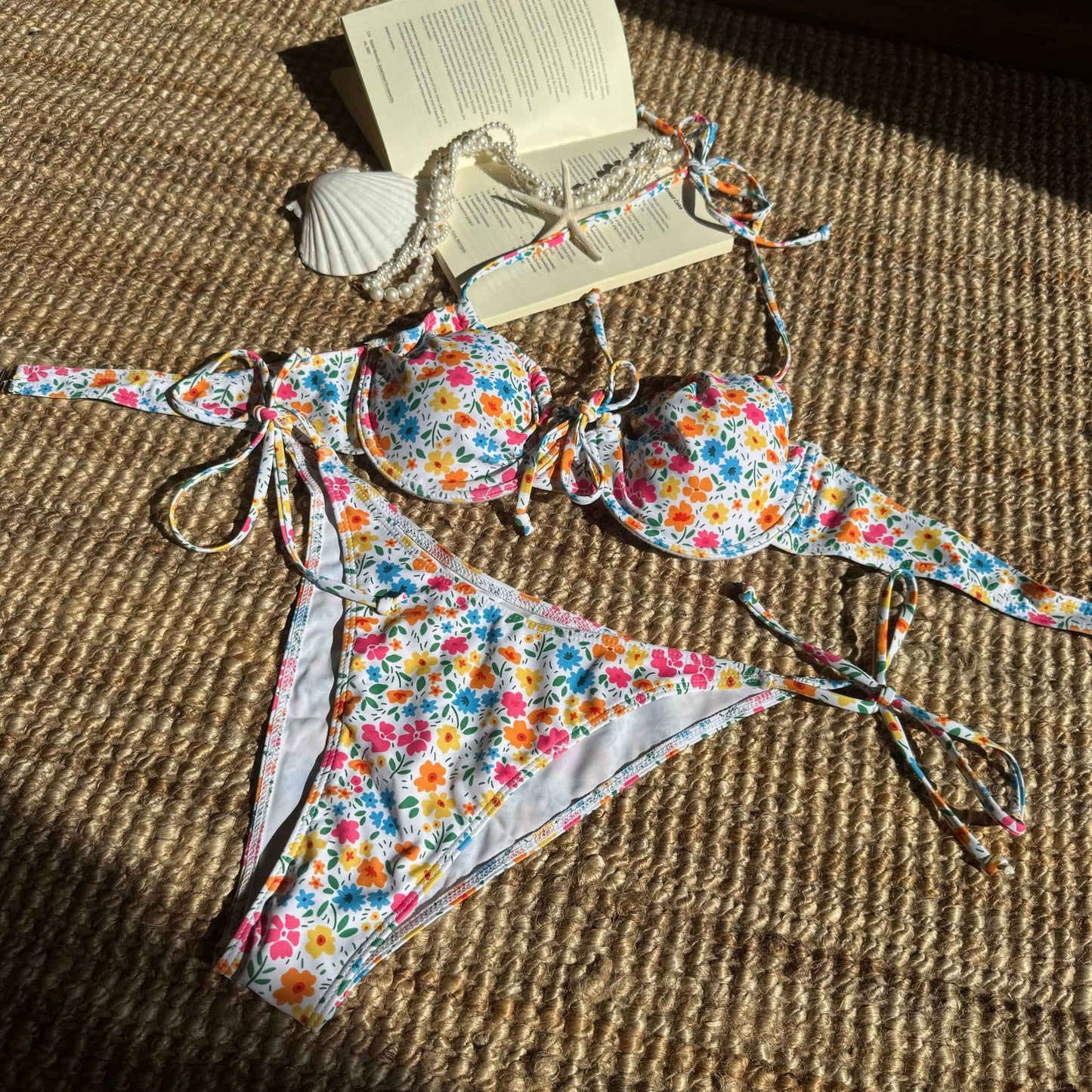 (4 days ready to ship) SY fresh floral printed lace up bikini split swimsuit bikini