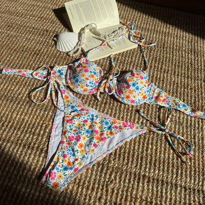 (4 days ready to ship) SY fresh floral printed lace up bikini split swimsuit bikini