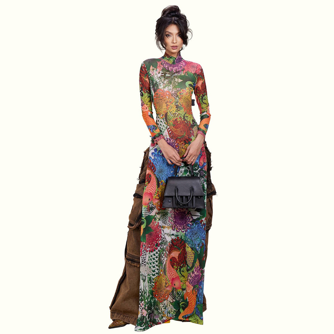 DLS Spring personalized plant print long sleeve half turtleneck high slit long shirt