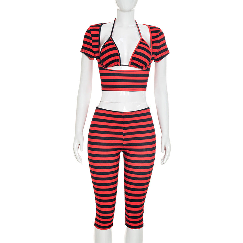 DZHT J26ST218 striped printed short sleeve vest cropped pants three-piece set