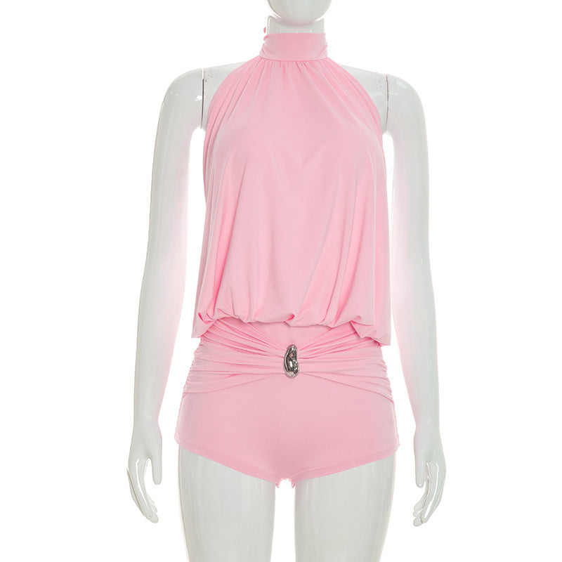 DZHT J26RP238 halter lace-up pleated bare back one-piece shorts