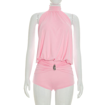 DZHT J26RP238 halter lace-up pleated bare back one-piece shorts