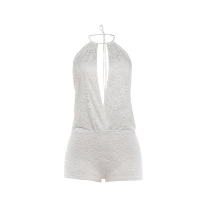 SXR Spring 2026 lace sexy halter deep V-neck backless hip-wrapped short jumpsuit