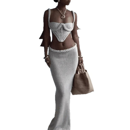 CYB spaghetti straps midriff-baring knitted top hip skirt beach skirt blouse suit