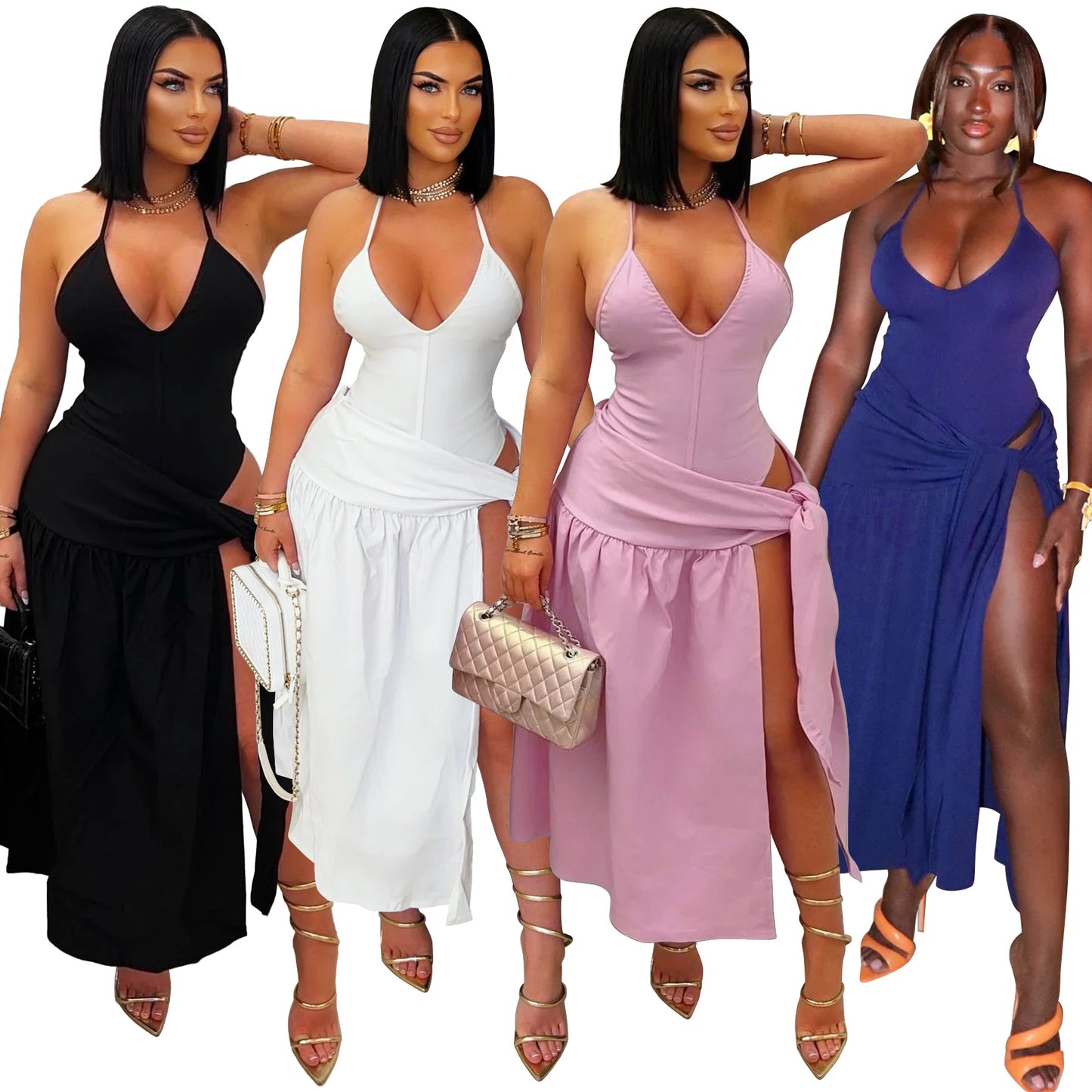 MYF (S-2XL) 10823 self-tie slit skirt suit
