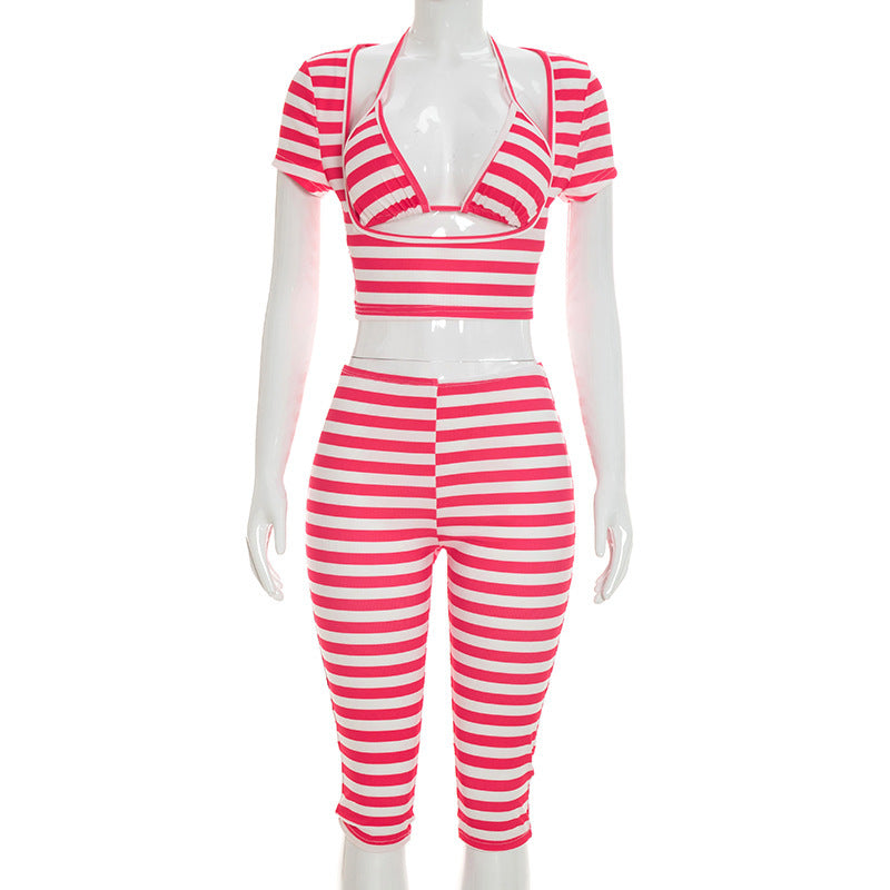 DZHT J26ST218 striped printed short sleeve vest cropped pants three-piece set