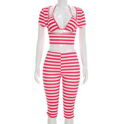 DZHT J26ST218 striped printed short sleeve vest cropped pants three-piece set