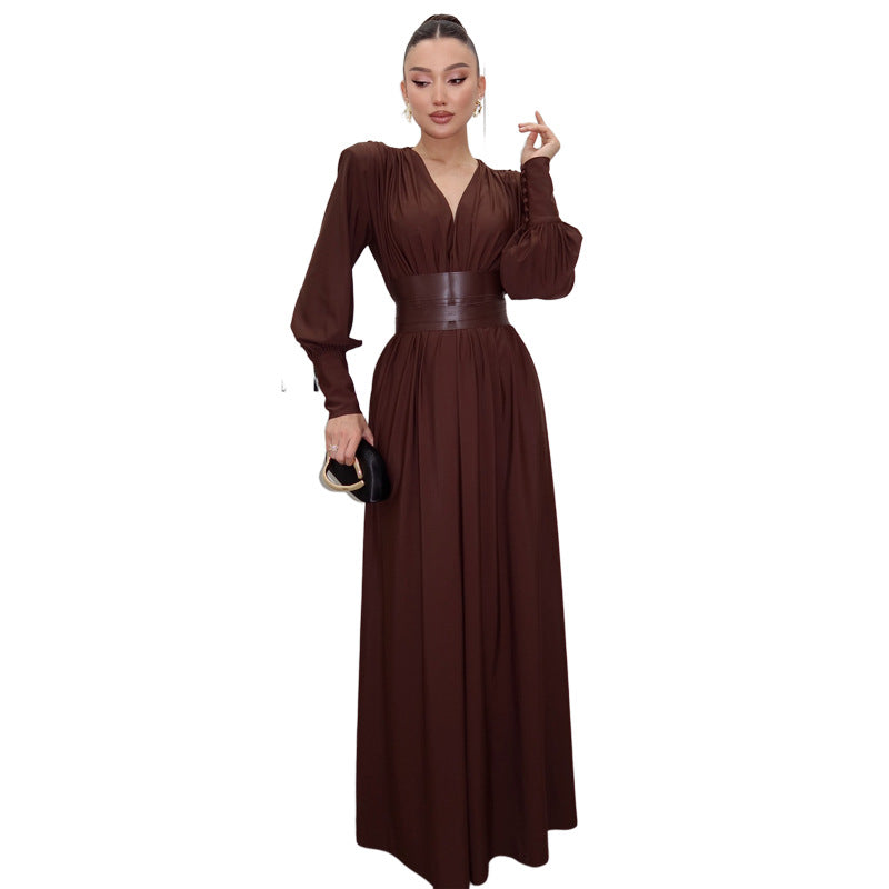 SXR autumn and winter French retro waist seal V-neck long sleeve loose dress