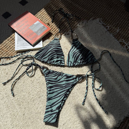 (4 days ready to ship) SY zebra prints metal accessories sling split swimsuit bikini