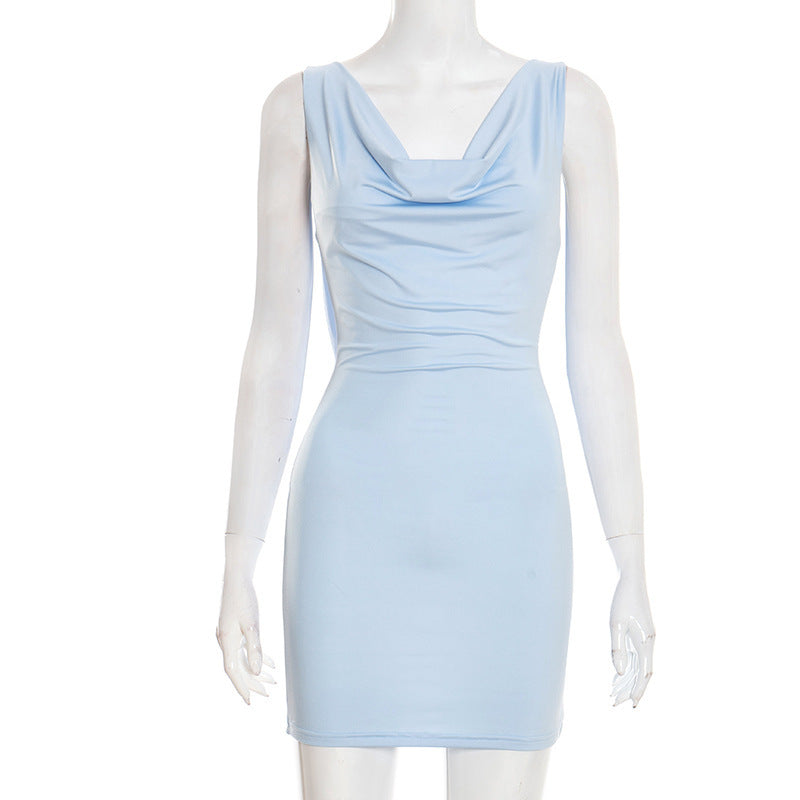 DZHT D25DS585 summer chain decoration bare back swing collar sleeveless dress