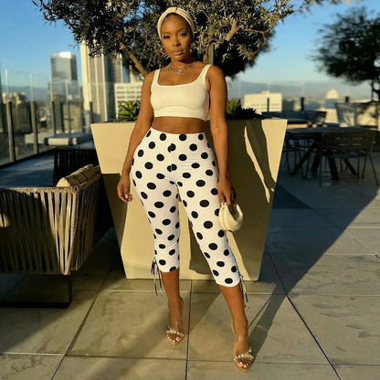 DZHT J26PT106 spring/summer polka dot trousers lace-up mid-waist tight cropped pants