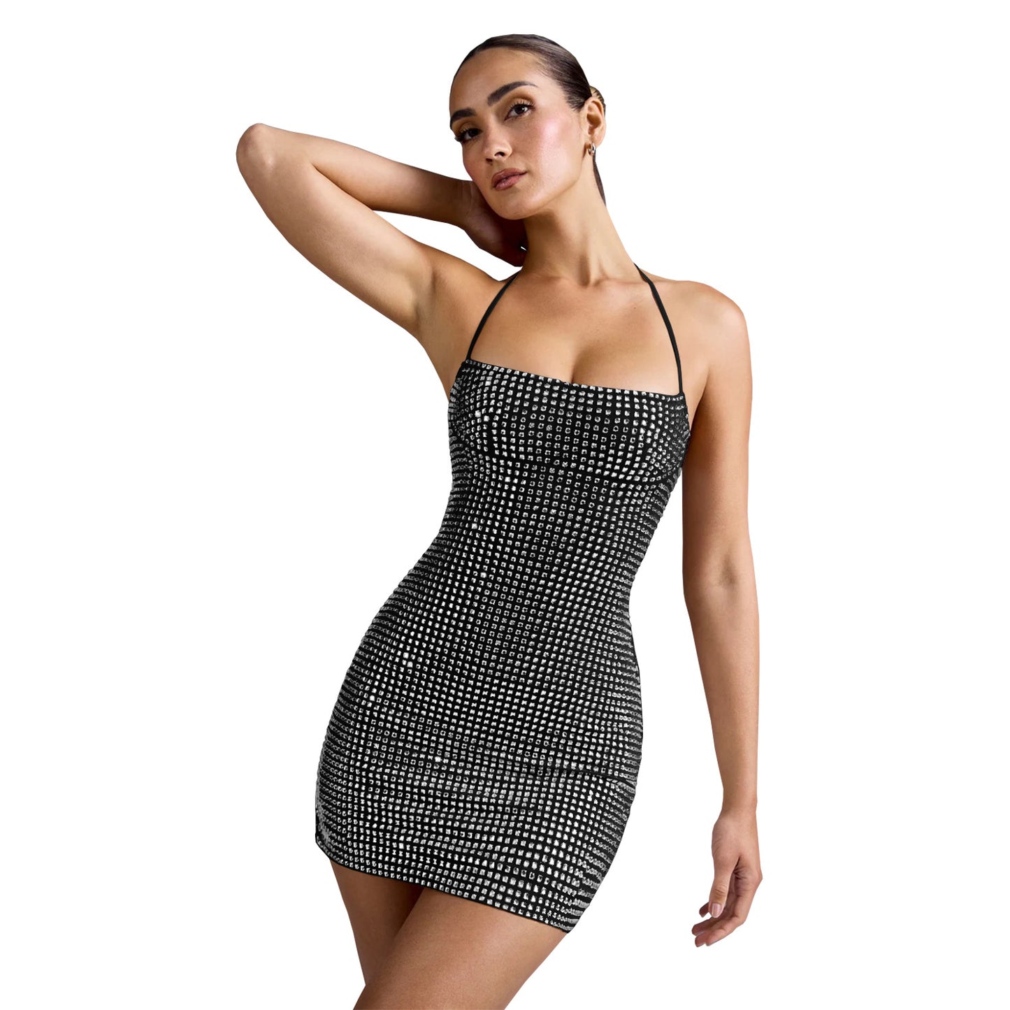 XYZ C7481 halter rhinestone arm covering dress skirt