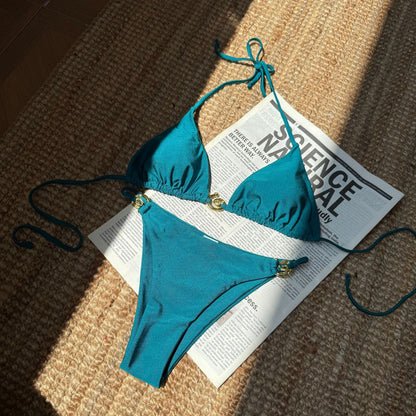 (4 days ready to ship) SY nylon light metal ring lace-up backless split swimsuit bikini