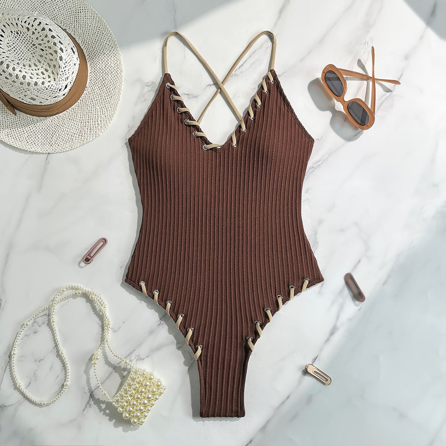 (4 days ready to ship) SY black-eye rope color matching jumpsuit suspender swimsuit bikini