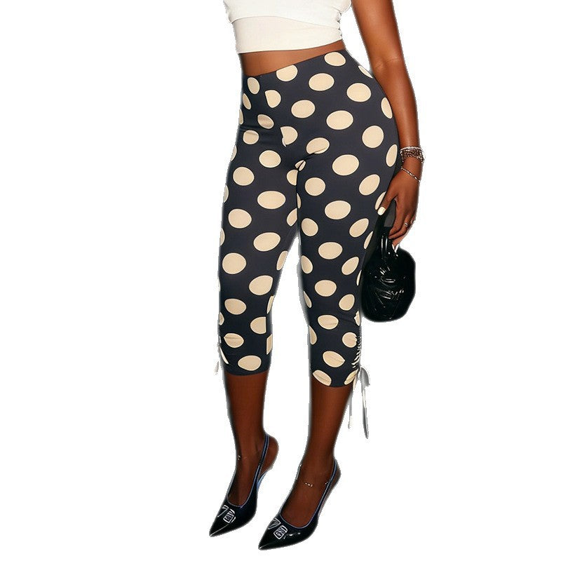 DZHT J26PT106 spring/summer polka dot trousers lace-up mid-waist tight cropped pants