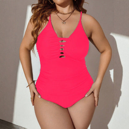 CL (L-4XL) women's hollow out V-neck cross strap one-piece plus size swimsuit