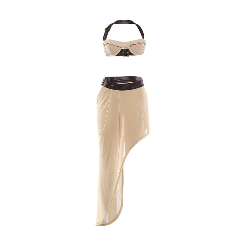 SXR K6S04938A spring PU sexy halter navel slit dress suit