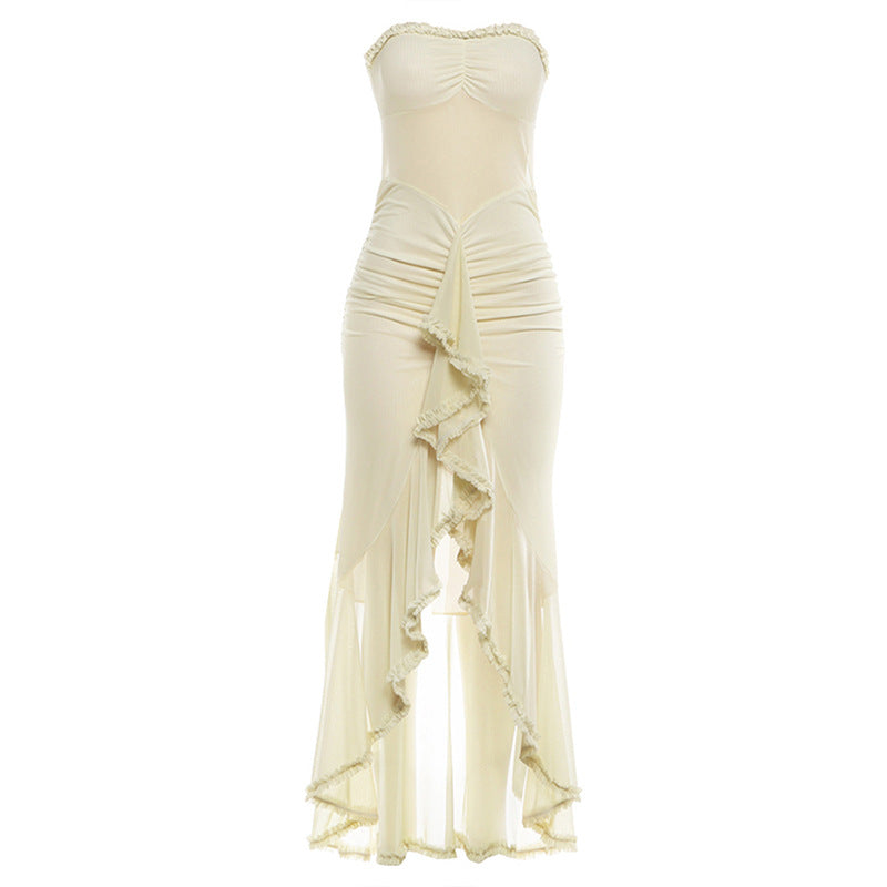 DLS 2026 spring ruffled stitching sexy tube top package hip split dress