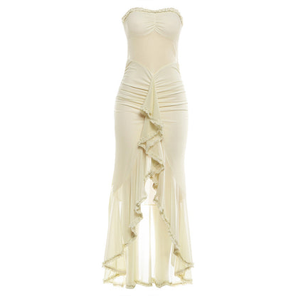 DLS 2026 spring ruffled stitching sexy tube top package hip split dress