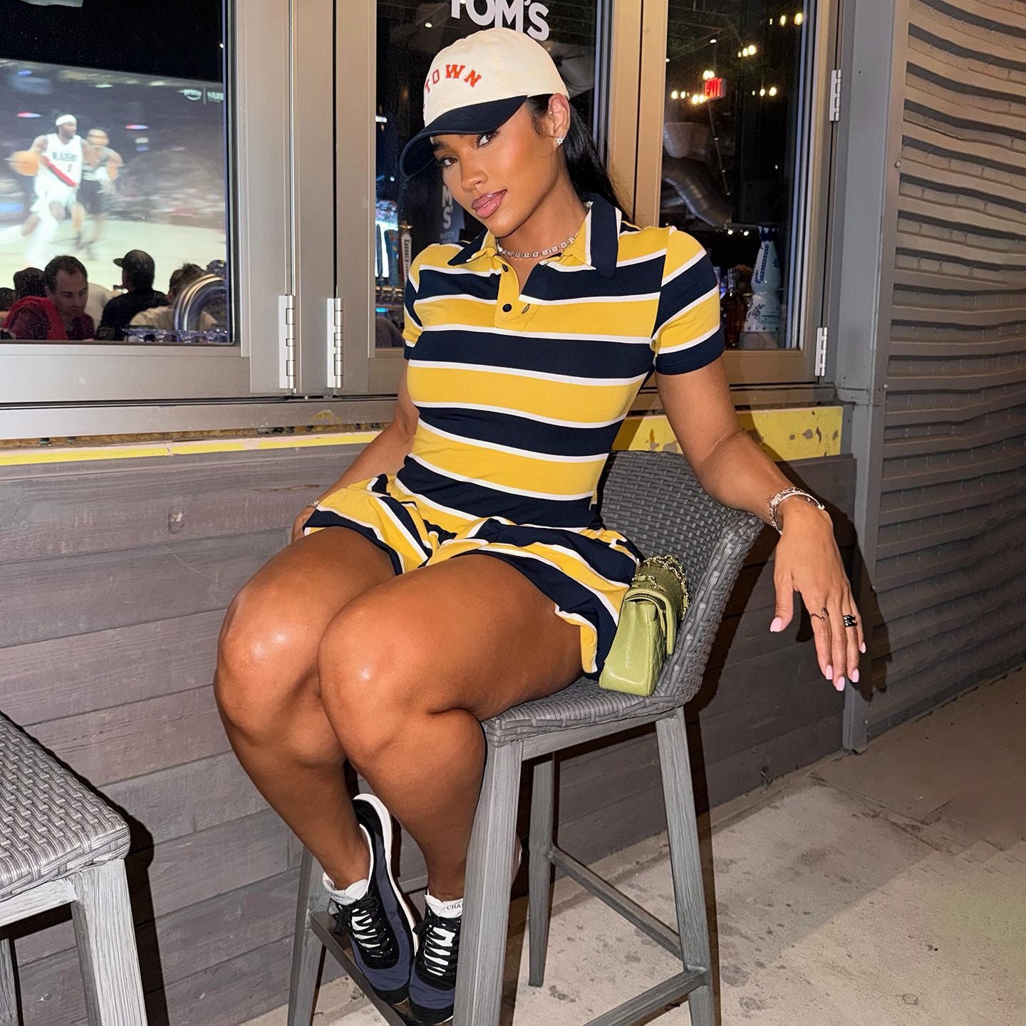 DLS summer lapels vintage stripe sports fashion short sleeve dress