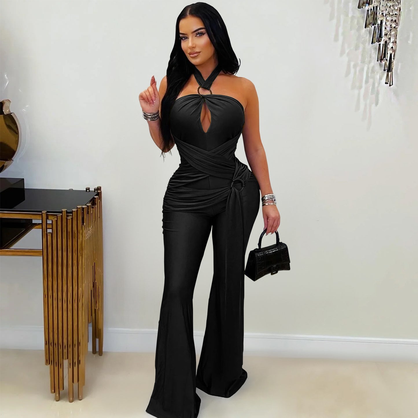 XYZ C7570 halter wide leg arm covering jumpsuit