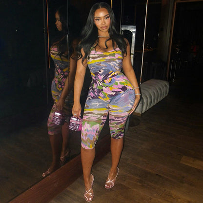 DZHT J26ST195 printed sleeveless leotard tight cropped pants two-piece suit